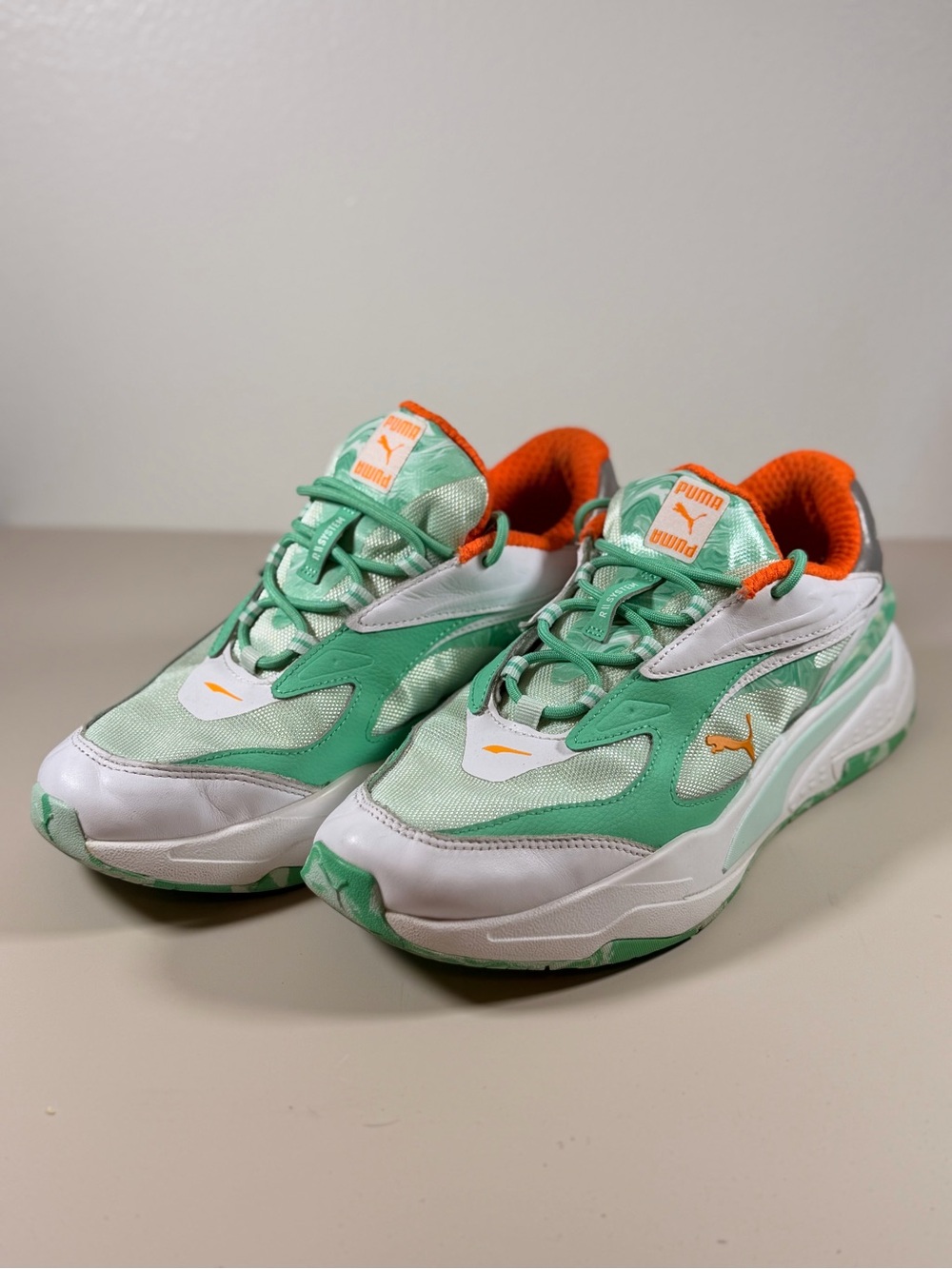 Puma R//System Mint Green, White & Orange Women's Sneakers